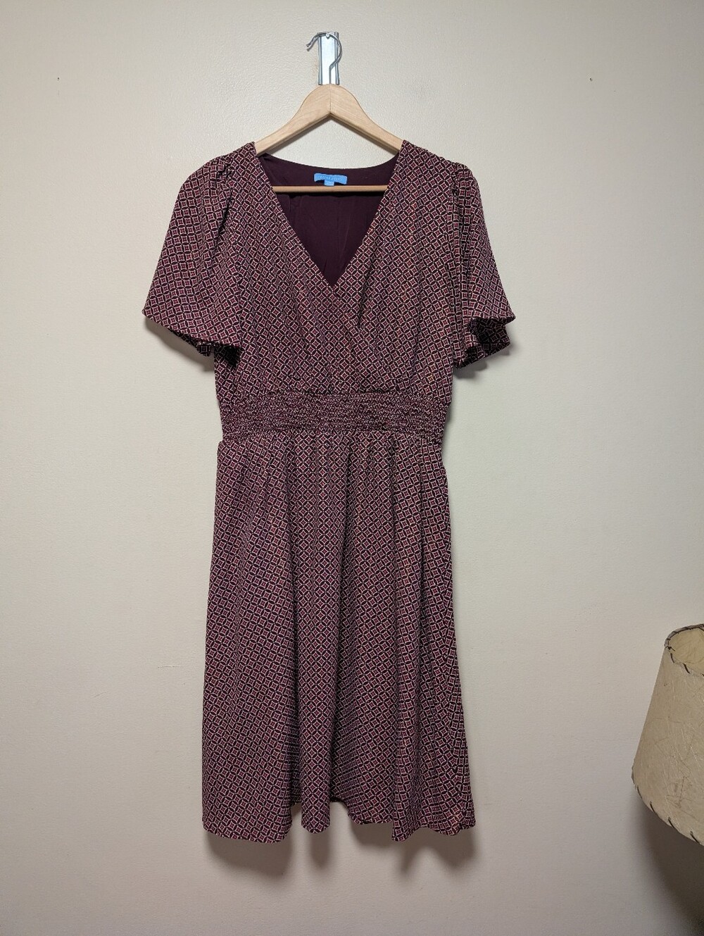 Draper James Burgundy Geometric Flutter Sleeve Midi Dress Medium Pockets